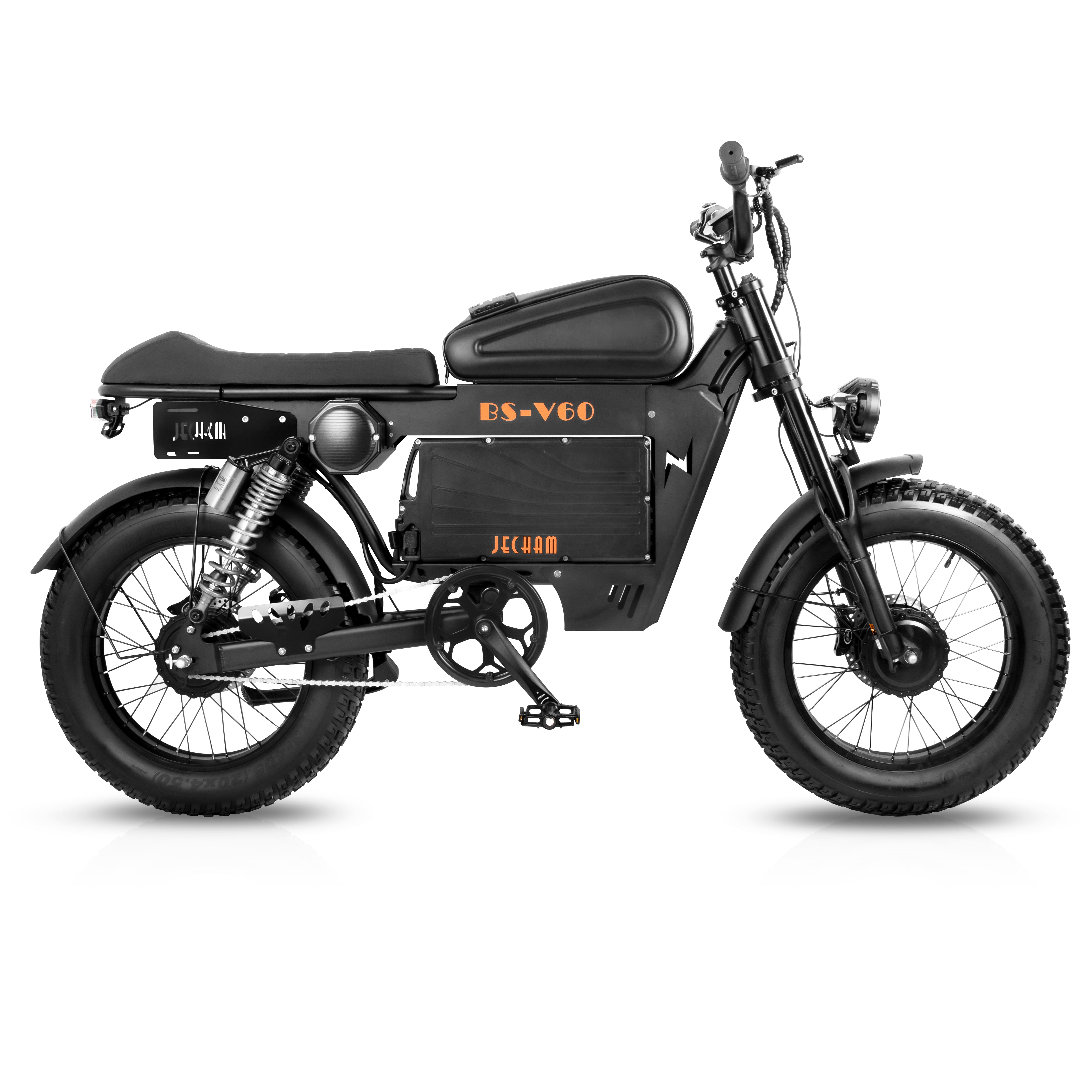 Electric motorcycle with black frame, front suspension, and dual headlights.