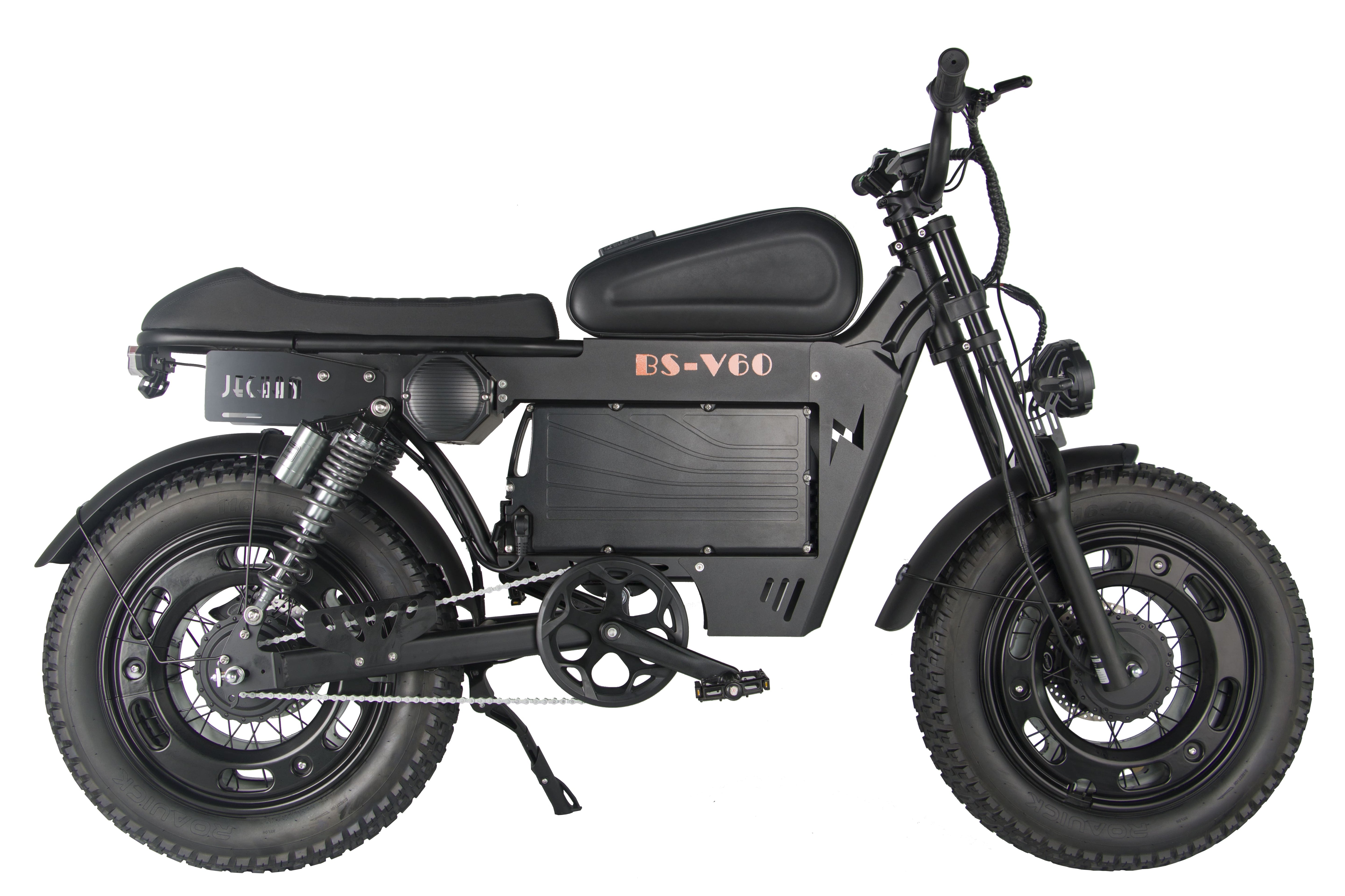 Black electric motorcycle side view with thick tires and front fork suspension.