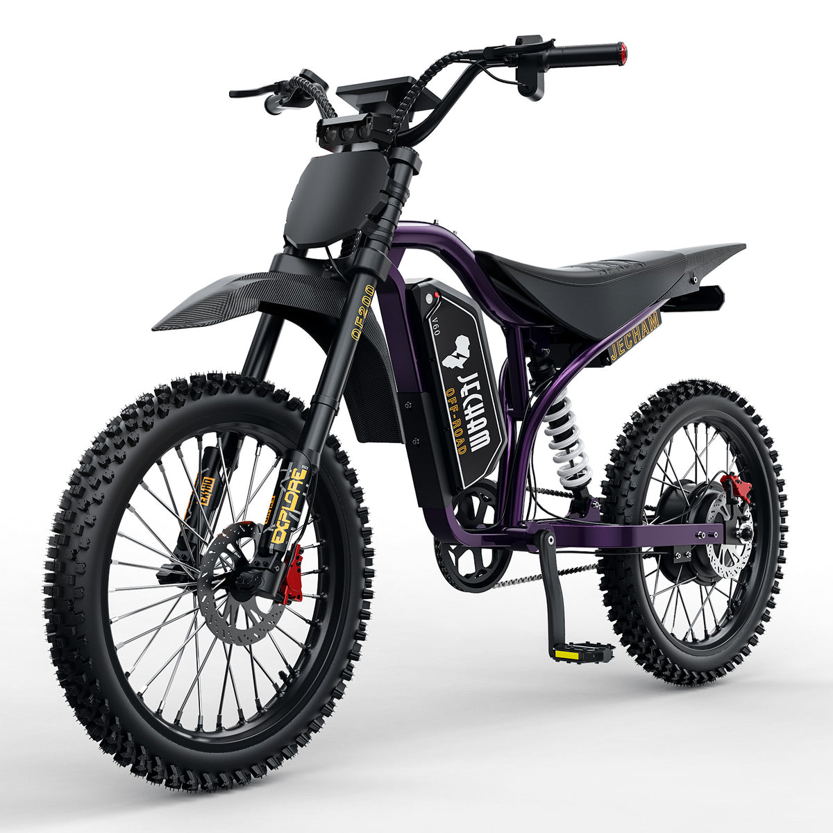 Purple and black electric dirt bike three-quarter view with front suspension