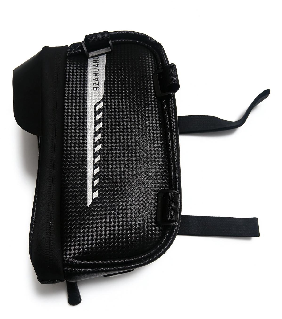 Black crossbody phone pouch with textured pattern, vertical zipper pull, adjustable strap.