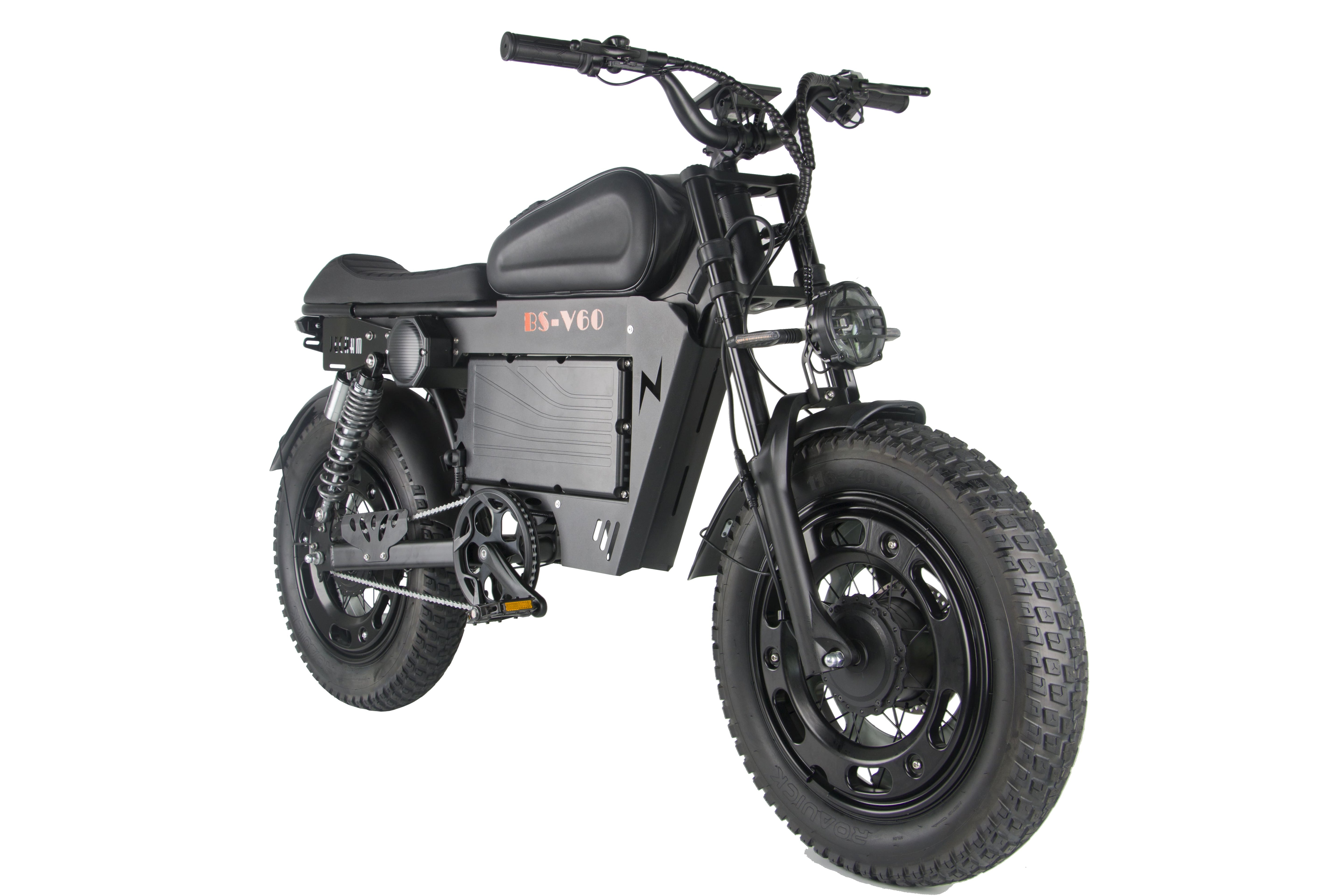 Black electric motorcycle angled side view with thick knobby tires and headlight.