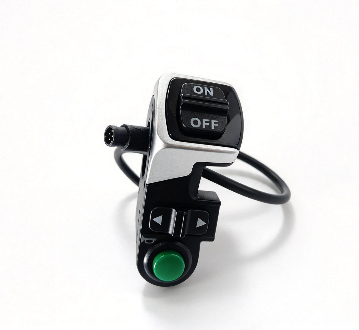 QF200 lighting switch with ON/OFF rocker and green button, viewed from the front