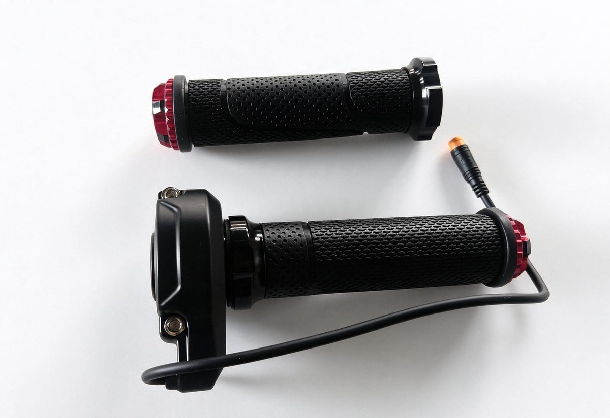 QF200 throttle assembly with textured black grips, red end accents, and cable