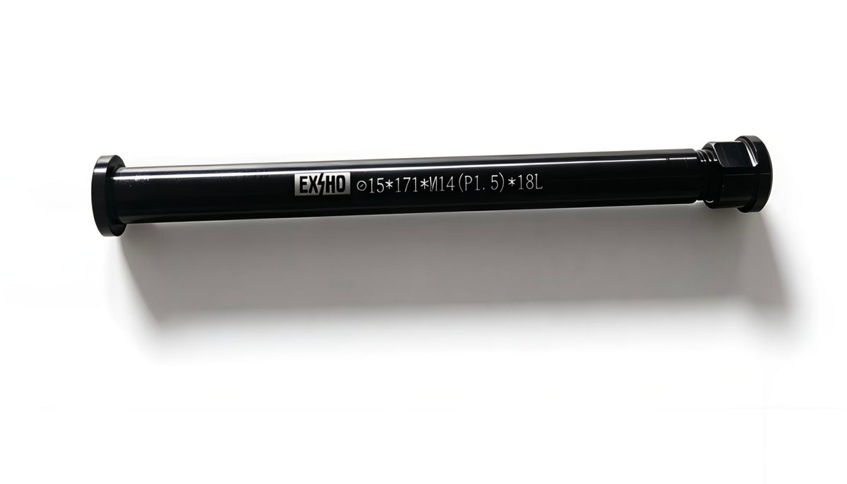 Black thru-axle rod with end caps and printed size markings