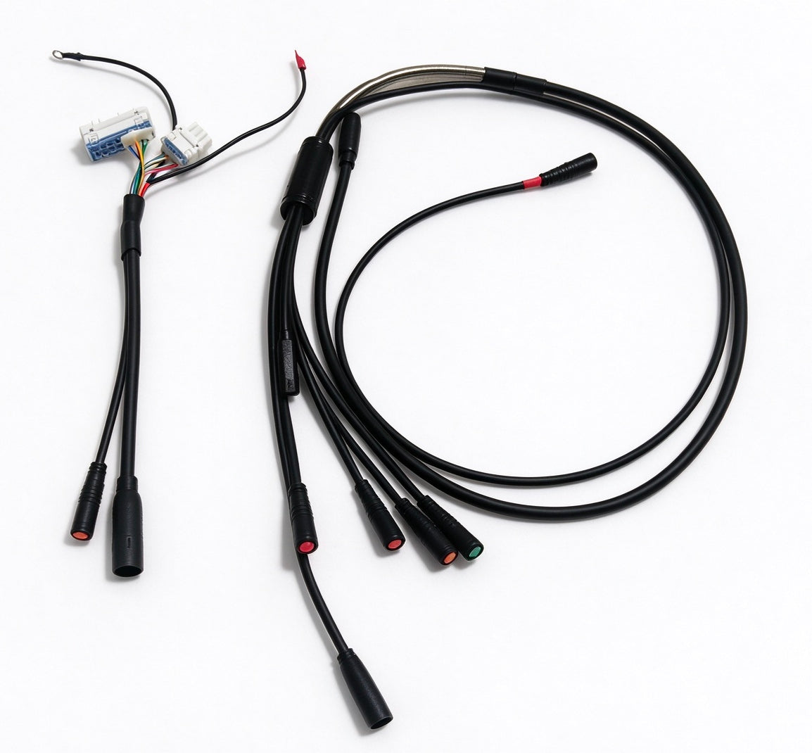 Black cable harness mainline with looped cable and assorted waterproof connector ends