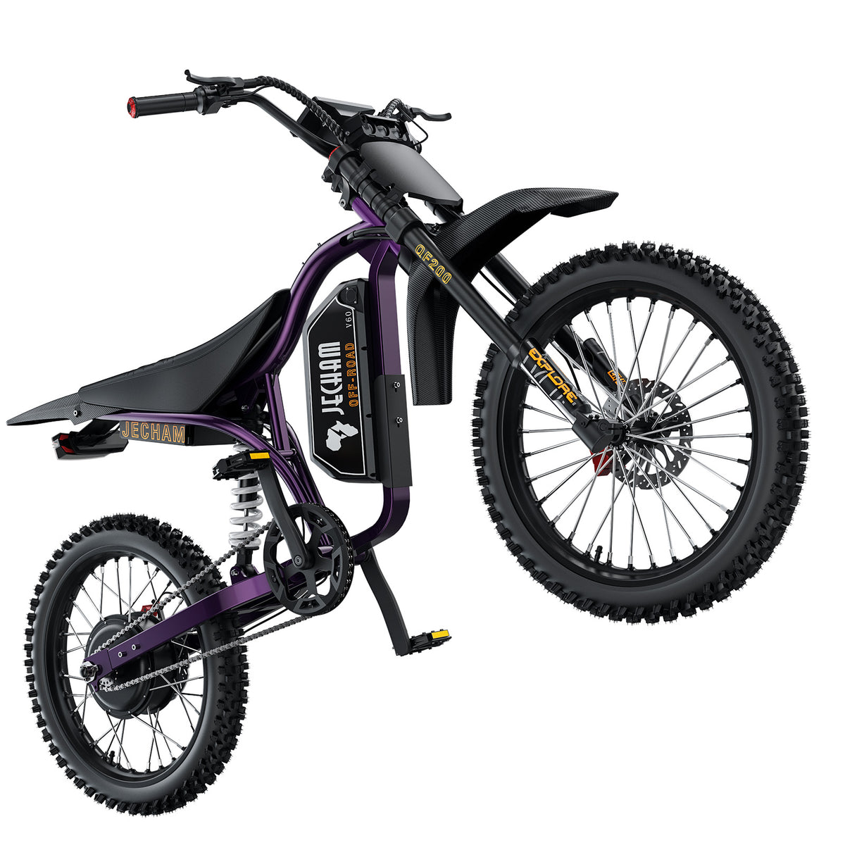 Purple and black electric dirt bike with knobby tires and front suspension