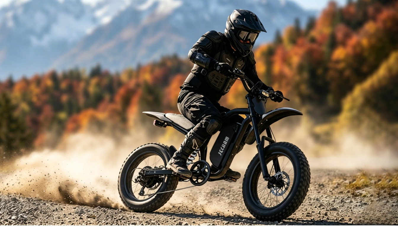 QF100 black dirt bike with front suspension and knobby tires, ridden on trail