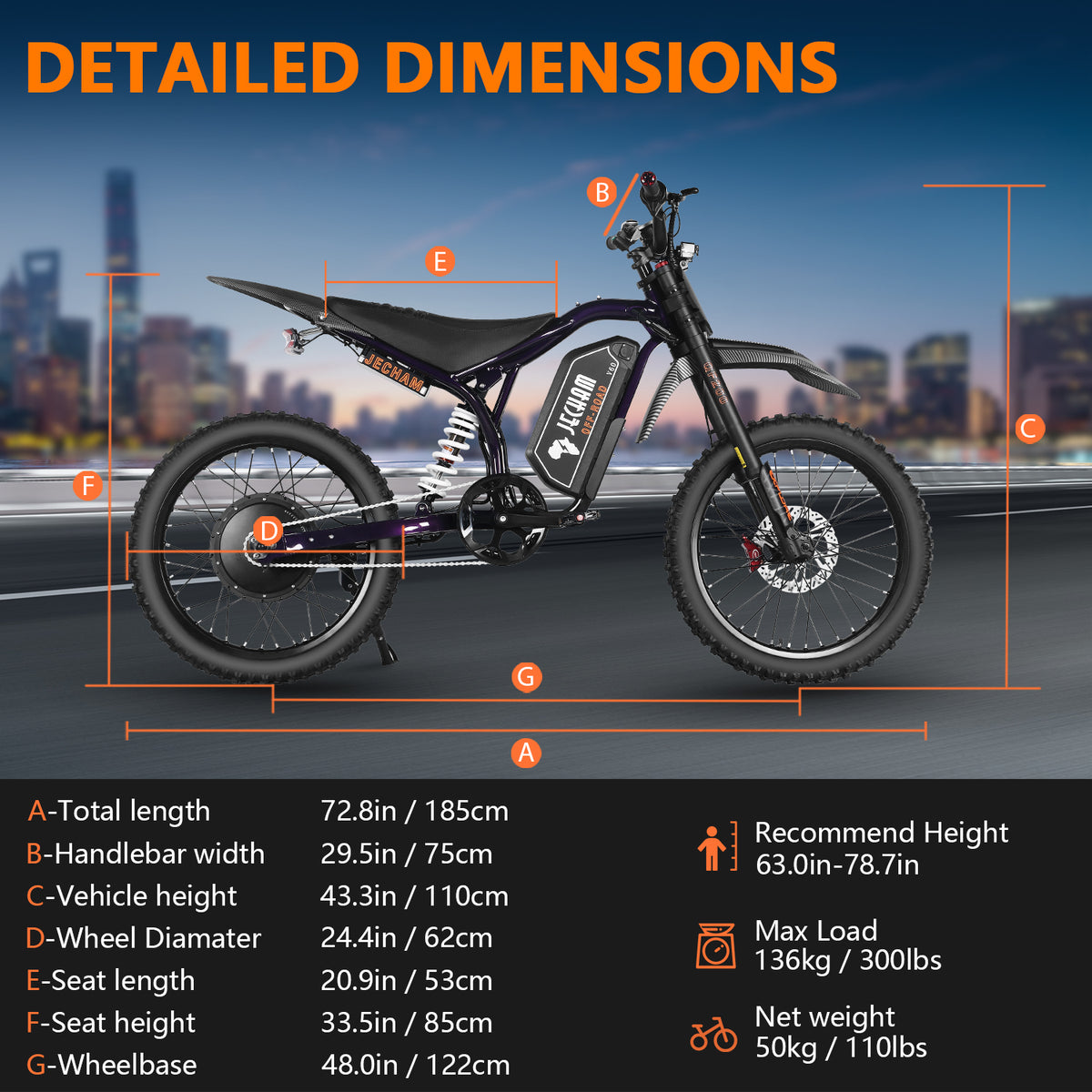 Electric dirt bike side profile with labeled dimension measurements overlay