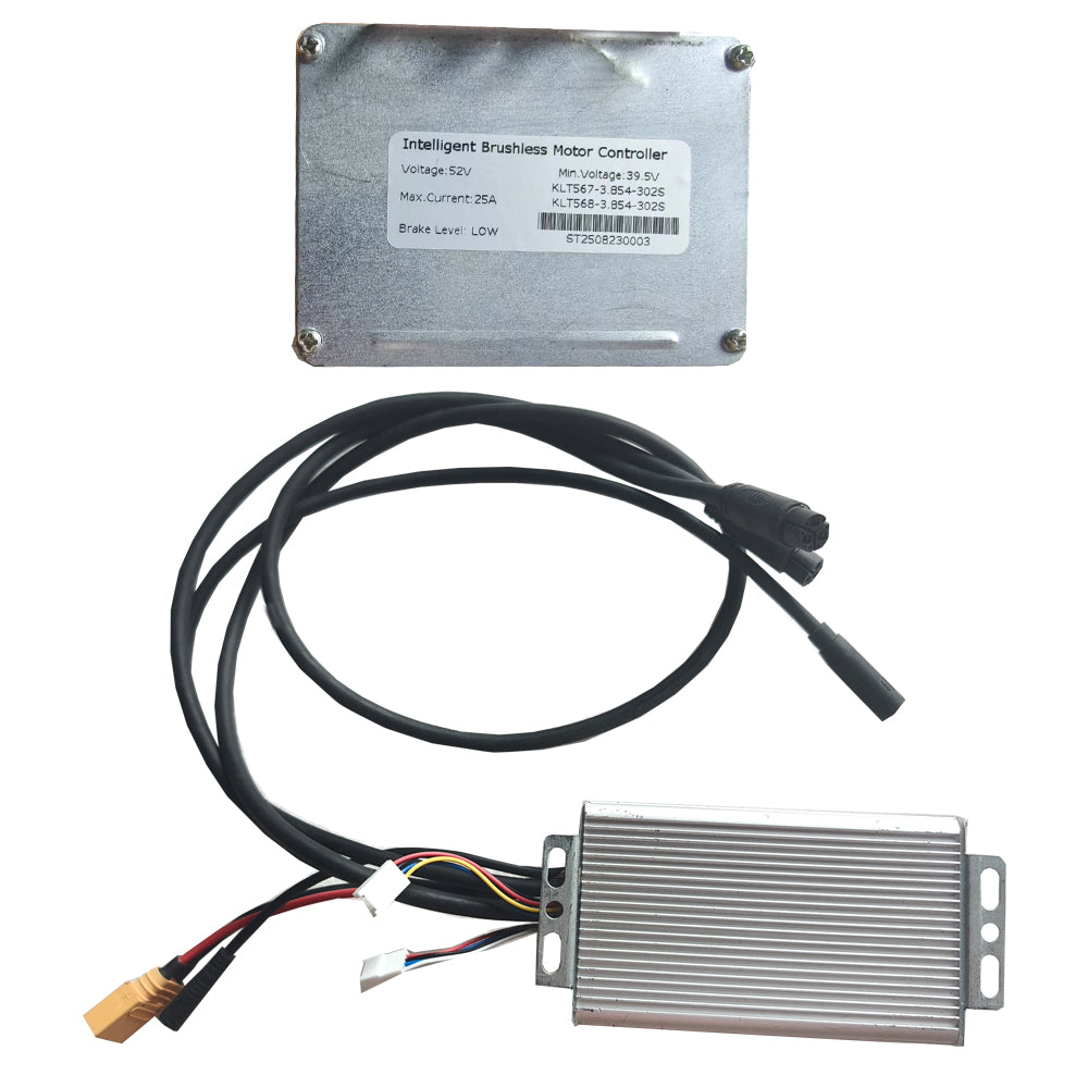 Brushless motor controller with aluminum heat sink and black wire harness, 52V
