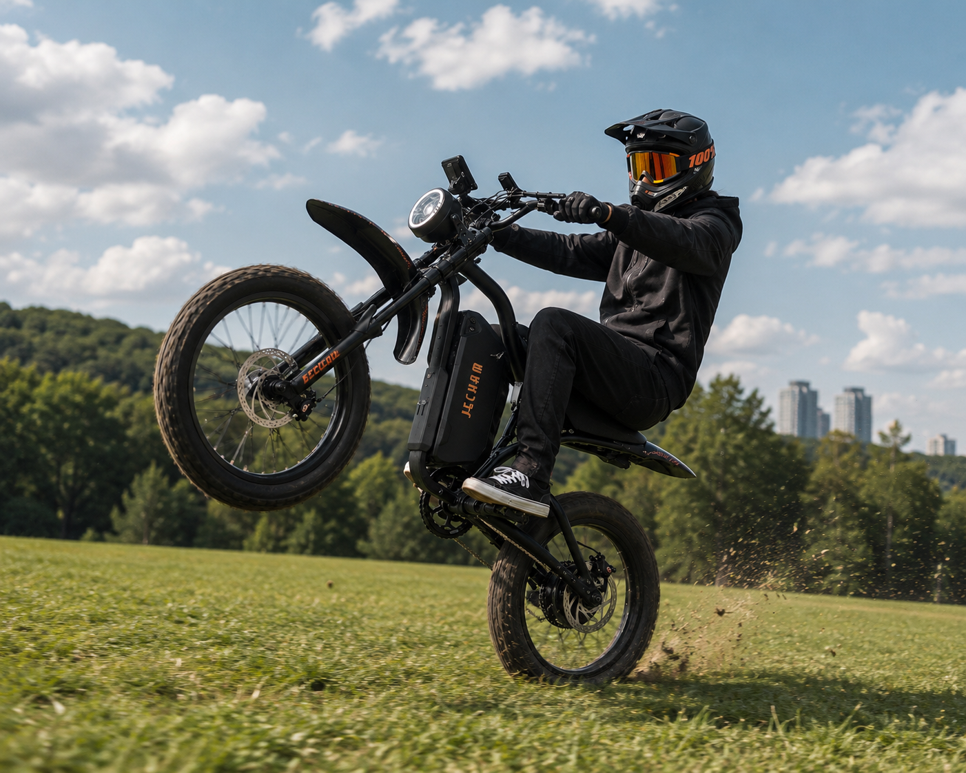 Black QL200 electric dirt bike with front headlight and fork