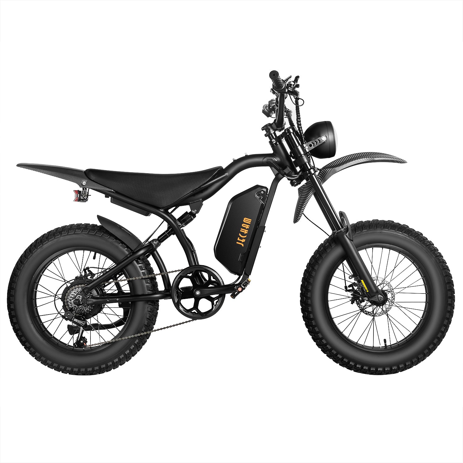 QL200 electric dirt bike with black frame, front headlight, knobby tires, battery