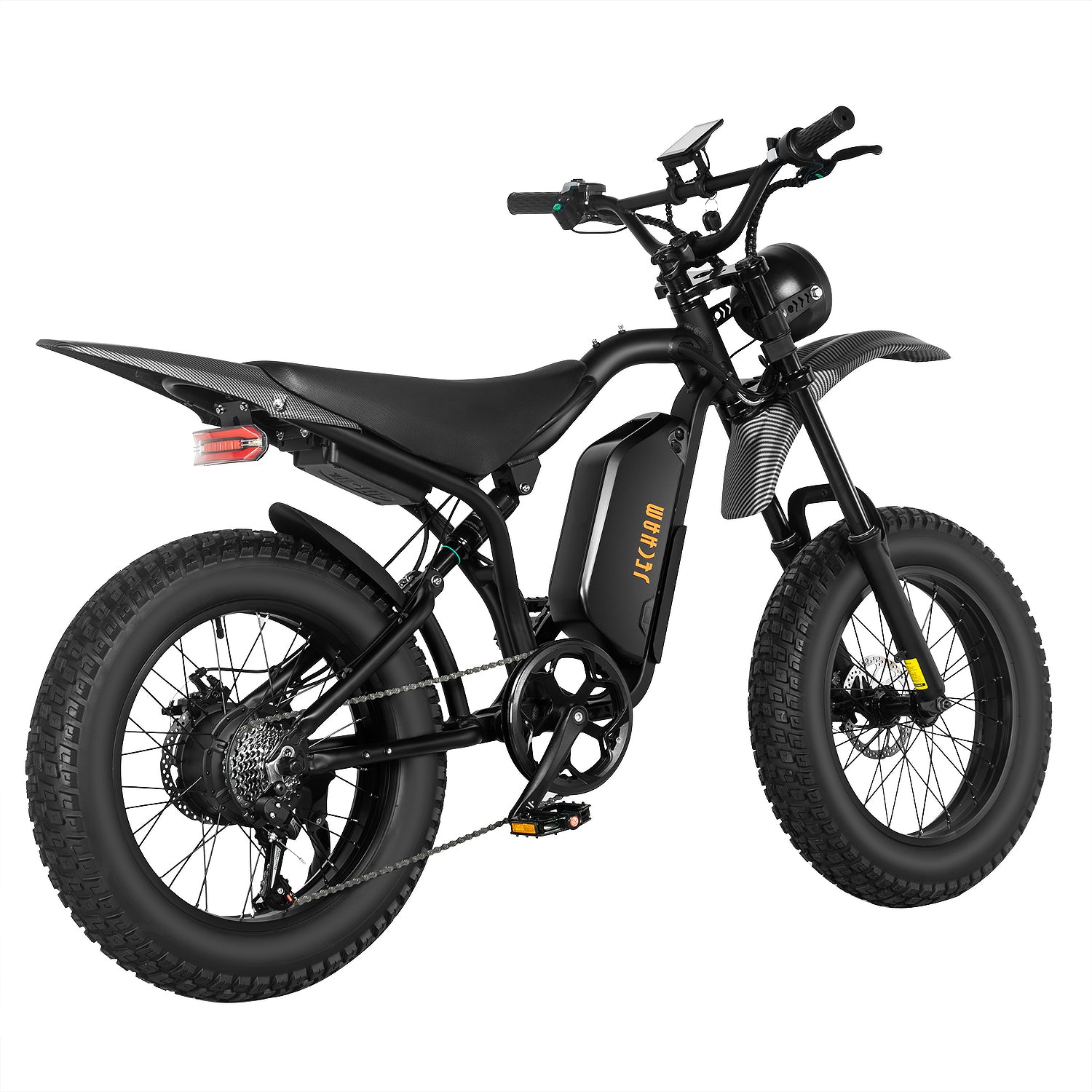 QL200 electric dirt bike, black frame, rear light and seat, side battery, knobby tires