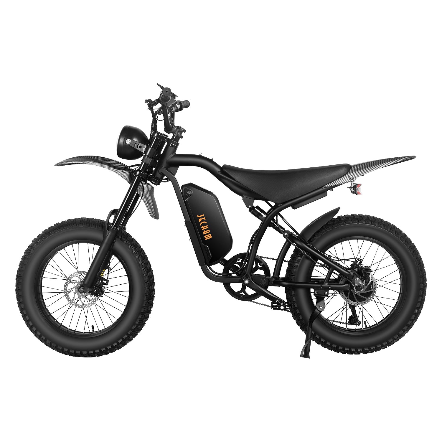 QL200 electric dirt bike, black frame, side profile with headlight and side battery