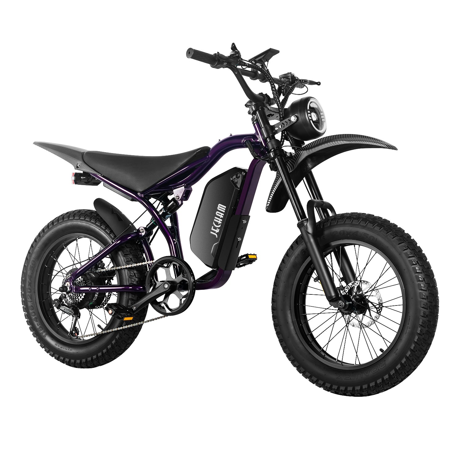 QL200 electric dirt bike, purple frame, front headlight, side battery, knobby tires