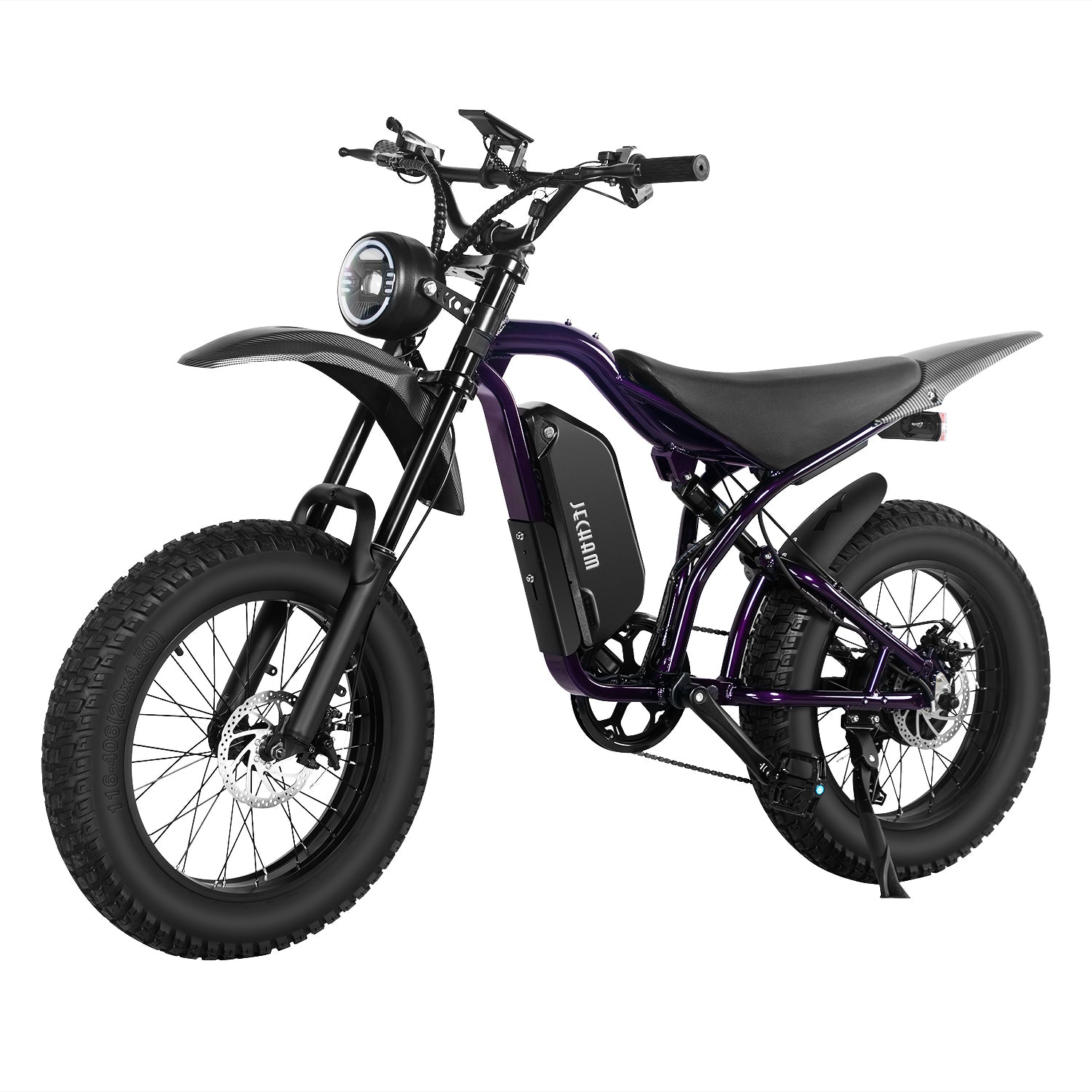 QL200 electric dirt bike, purple frame, side battery pack, front light, knobby tires