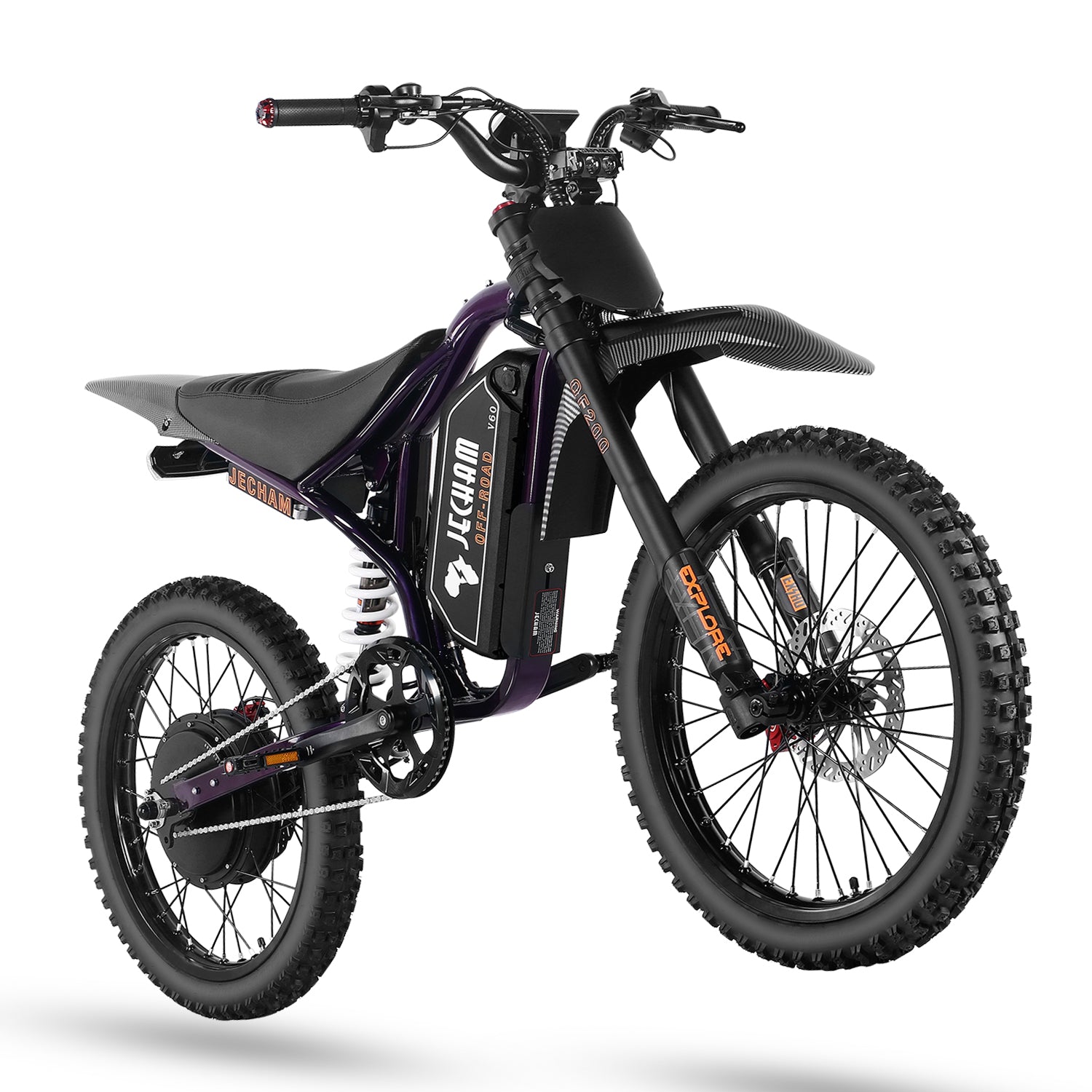 Electric dirt bike in purple with front suspension, thick tires, and mounted battery