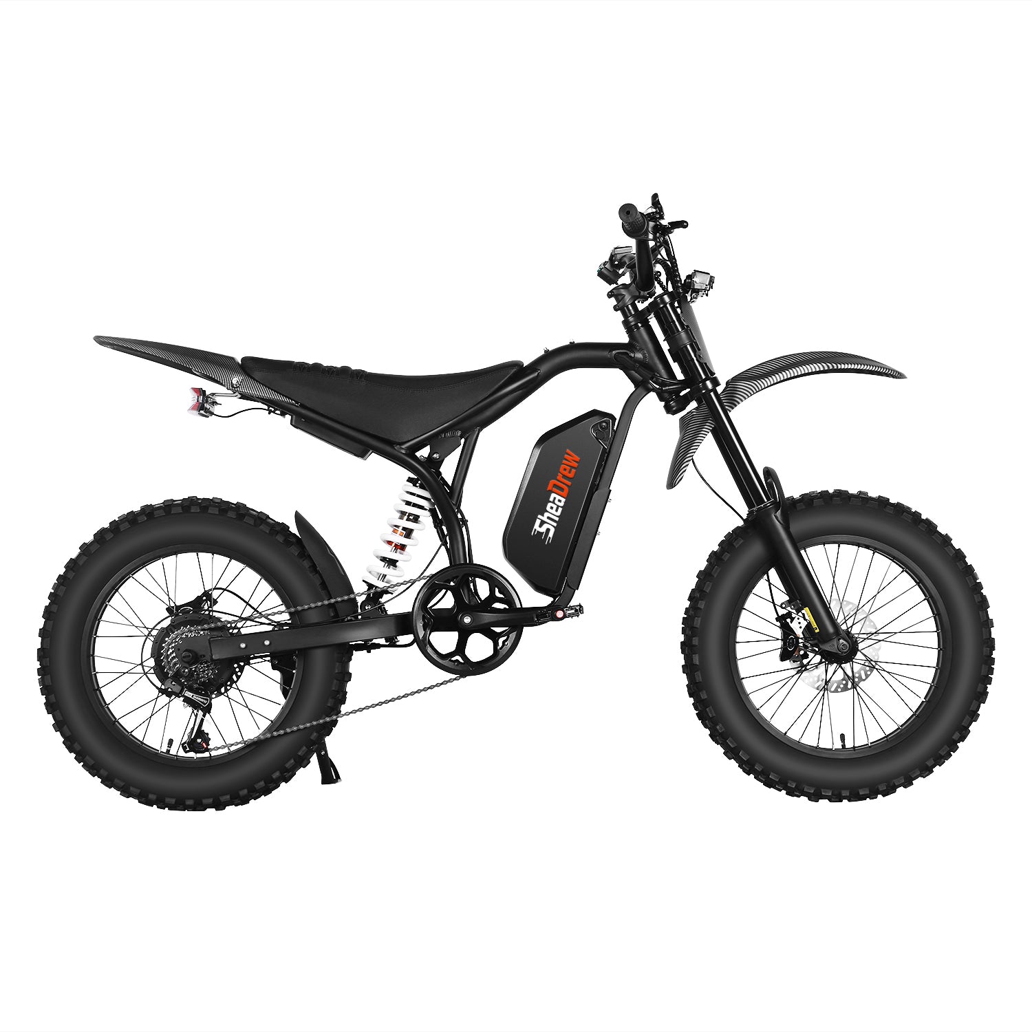 Black electric dirt bike, other side view, front suspension and disc brakes
