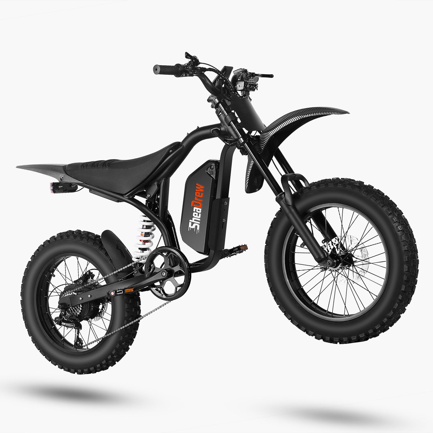 Black electric dirt bike with step-through frame, front and rear knobby tires
