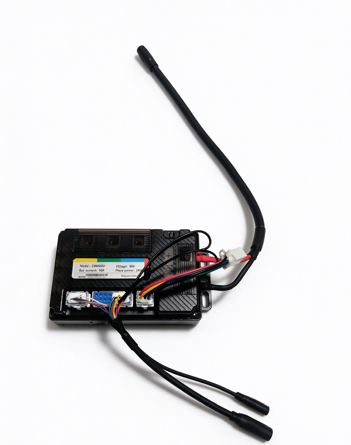 Electronic controller module with open interior circuit board and connected wiring harness