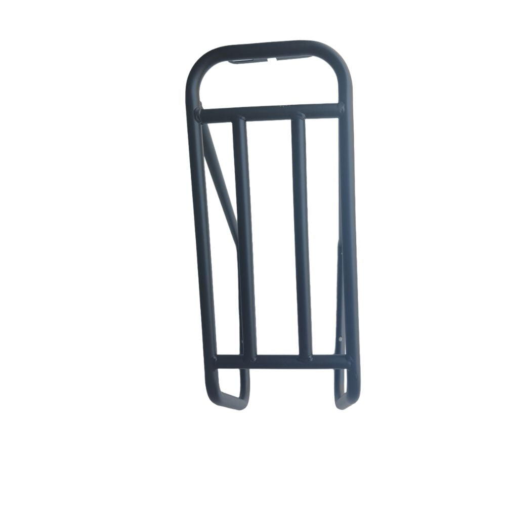 Rear e-bike rack frame with vertical bars and arched handle, dark finish