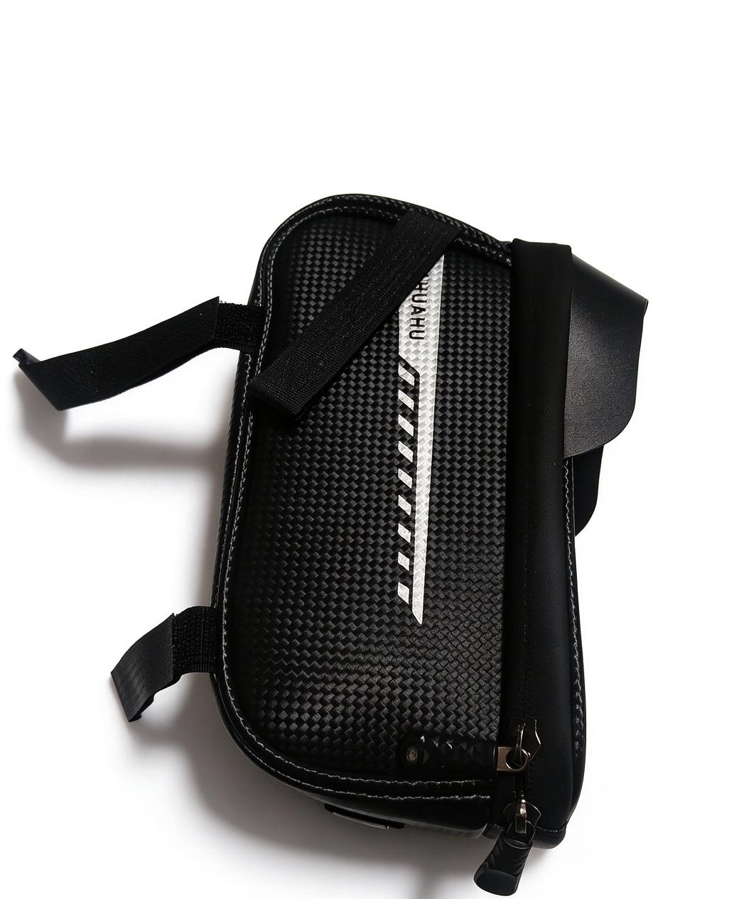 Black phone shoulder bag with carbon-fiber weave texture, zip closure, D-ring strap.