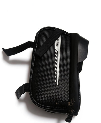 Black phone shoulder bag with carbon-fiber weave texture, zip closure, D-ring strap.