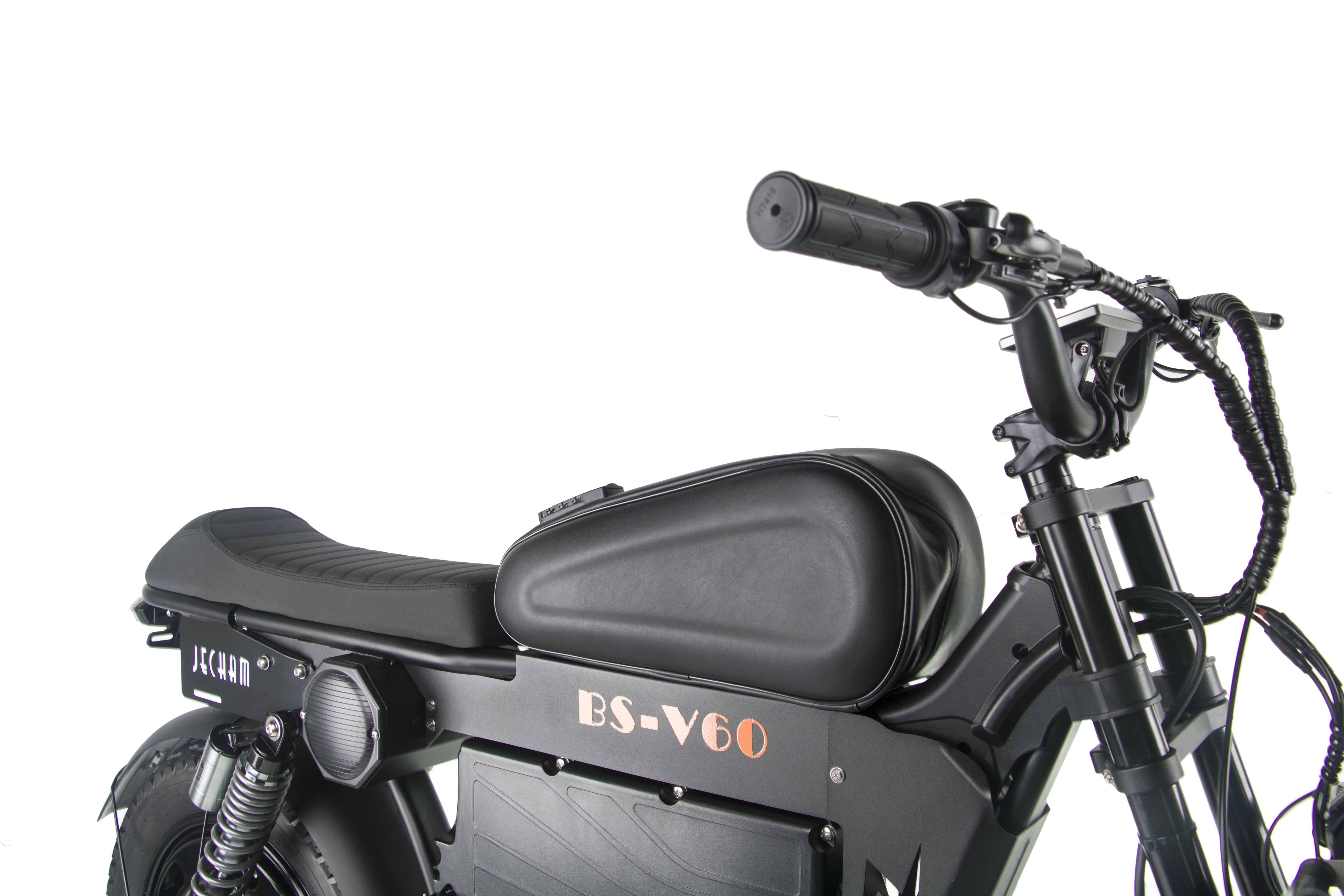 Black electric motorcycle front three-quarter view showing seat and headlight.