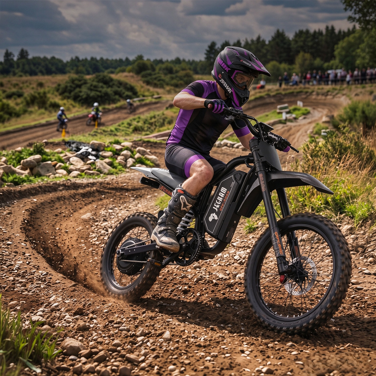 Rider on black and purple electric dirt bike with knobby tires and disc wheel