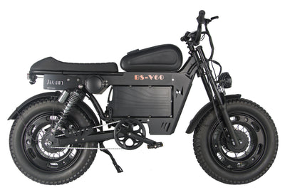 Black electric motorcycle side view with thick tires and front fork suspension.