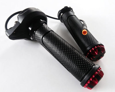 QF200 throttle close-up showing textured grips, red end caps, and orange connector