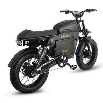Black electric motorcycle three-quarter side view with front disc brake and headlight.