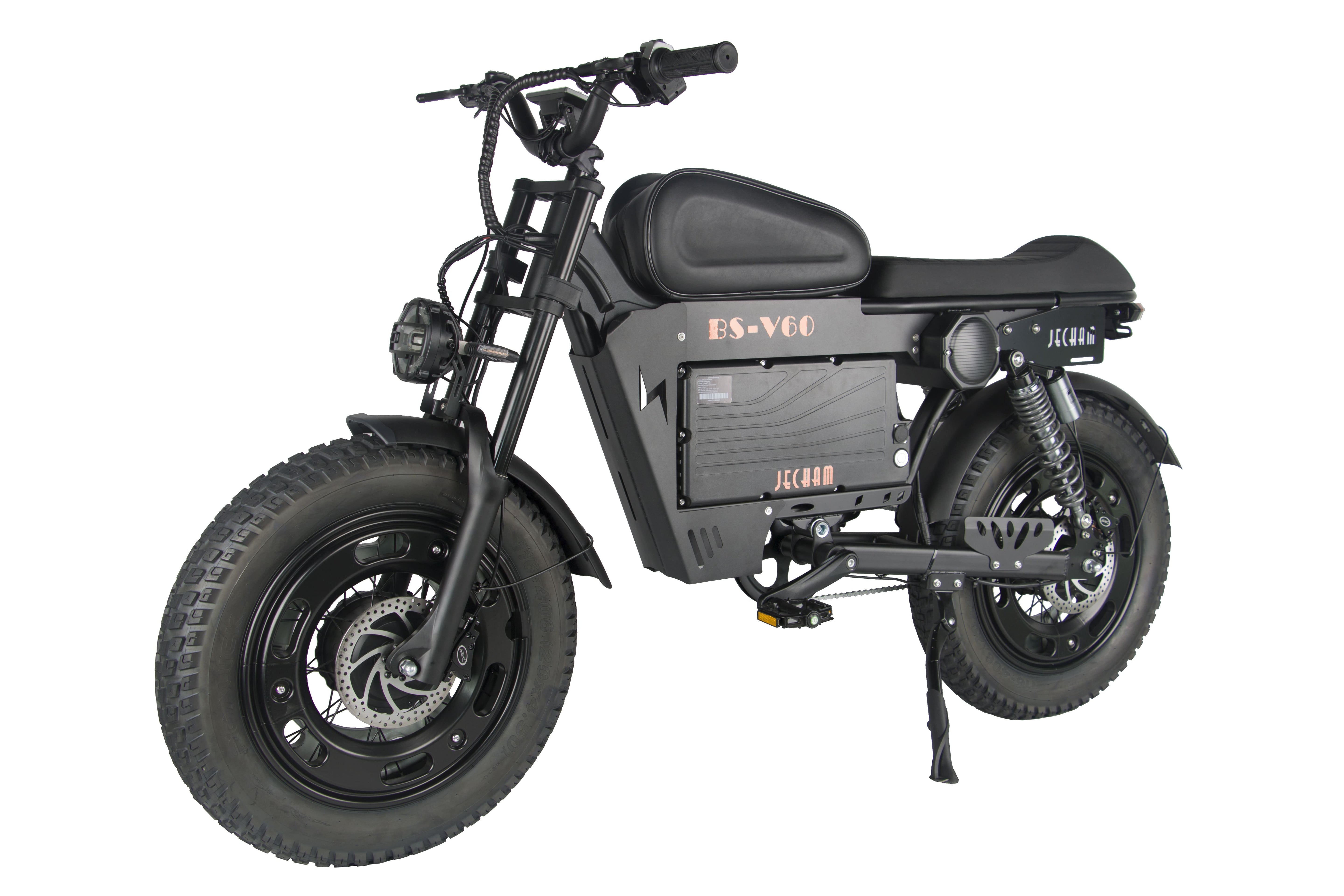 Black electric motorcycle rear three-quarter view with saddle seat and disc brakes.