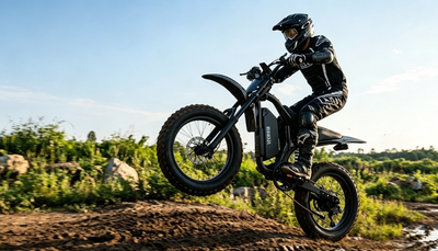QF100 black dirt bike with knobby tires, side view on dirt path