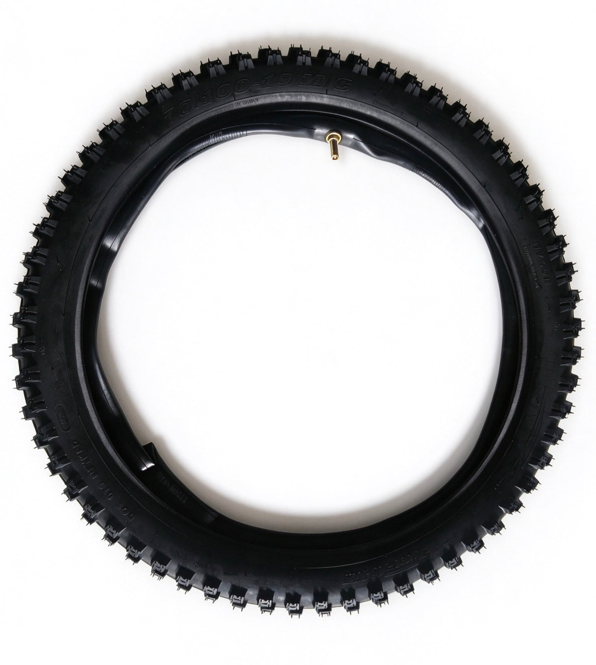 QF200 tire with black knobby tread and gold valve stem, viewed from above