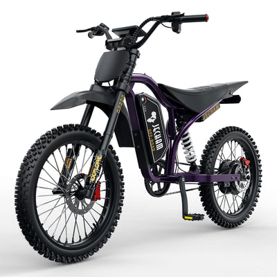 Purple and black electric dirt bike three-quarter view with front suspension