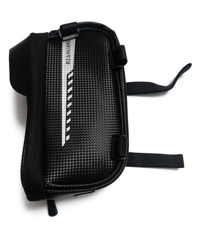 Black crossbody phone pouch with textured pattern, vertical zipper pull, adjustable strap.