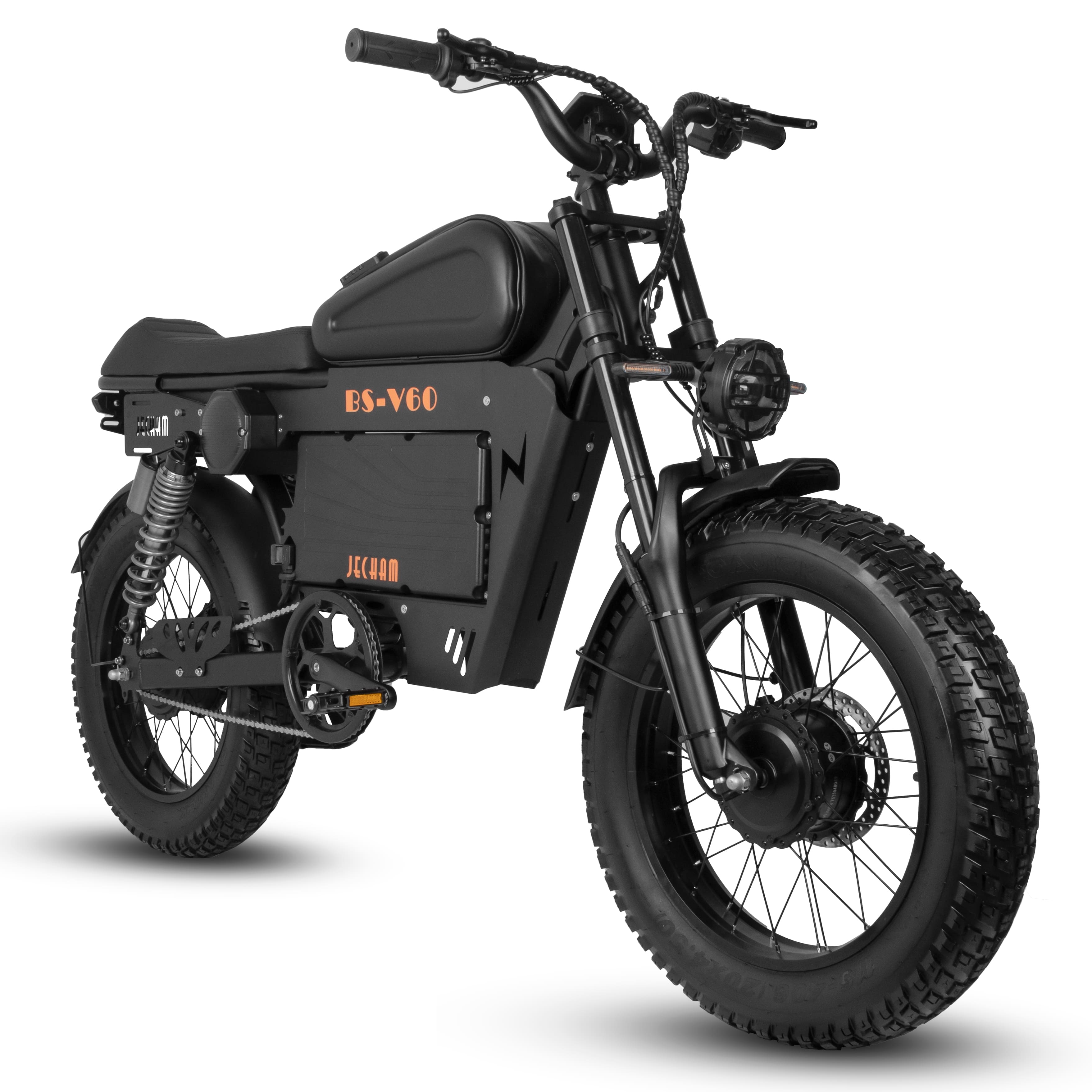 Black electric motorcycle left side view with front suspension and alloy front wheel.