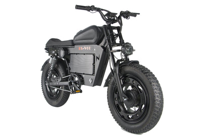 Black electric motorcycle angled side view with thick knobby tires and headlight.