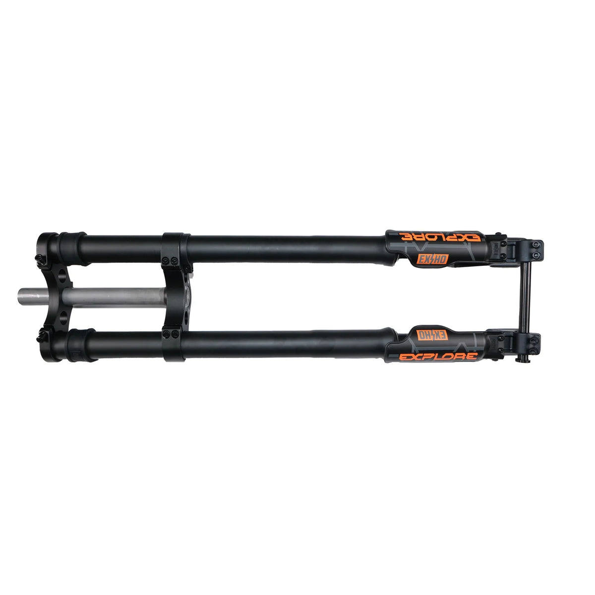 Black dirt bike front suspension fork with orange decals and brake-mount hardware