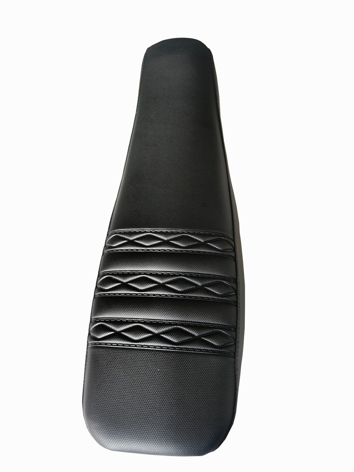 Black dirt bike seat front, textured fabric with crosshatch stitching detail