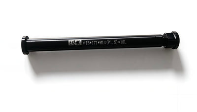 Black thru-axle rod with end caps and printed size markings