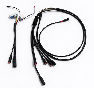 Black cable harness mainline with looped cable and assorted waterproof connector ends