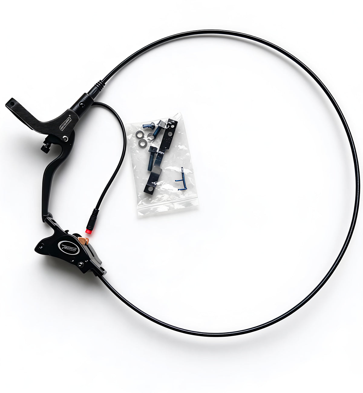 Hydraulic disc brake set with black levers, hoses, and mounting hardware bag