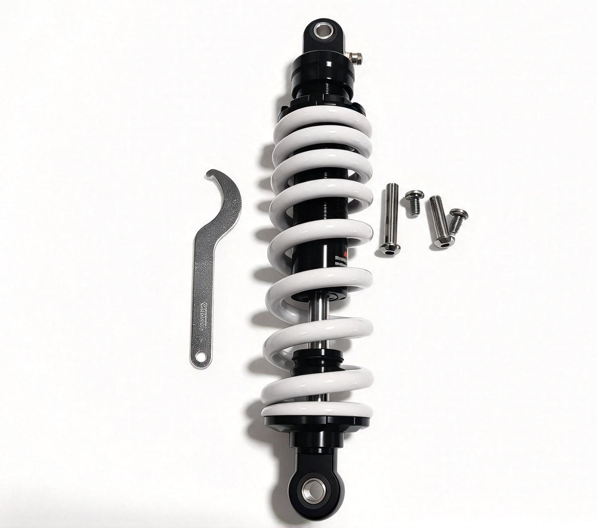 QF200 shock absorber and included wrench and mounting bolts, shown upright