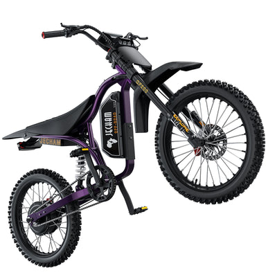 Purple and black electric dirt bike with knobby tires and front suspension
