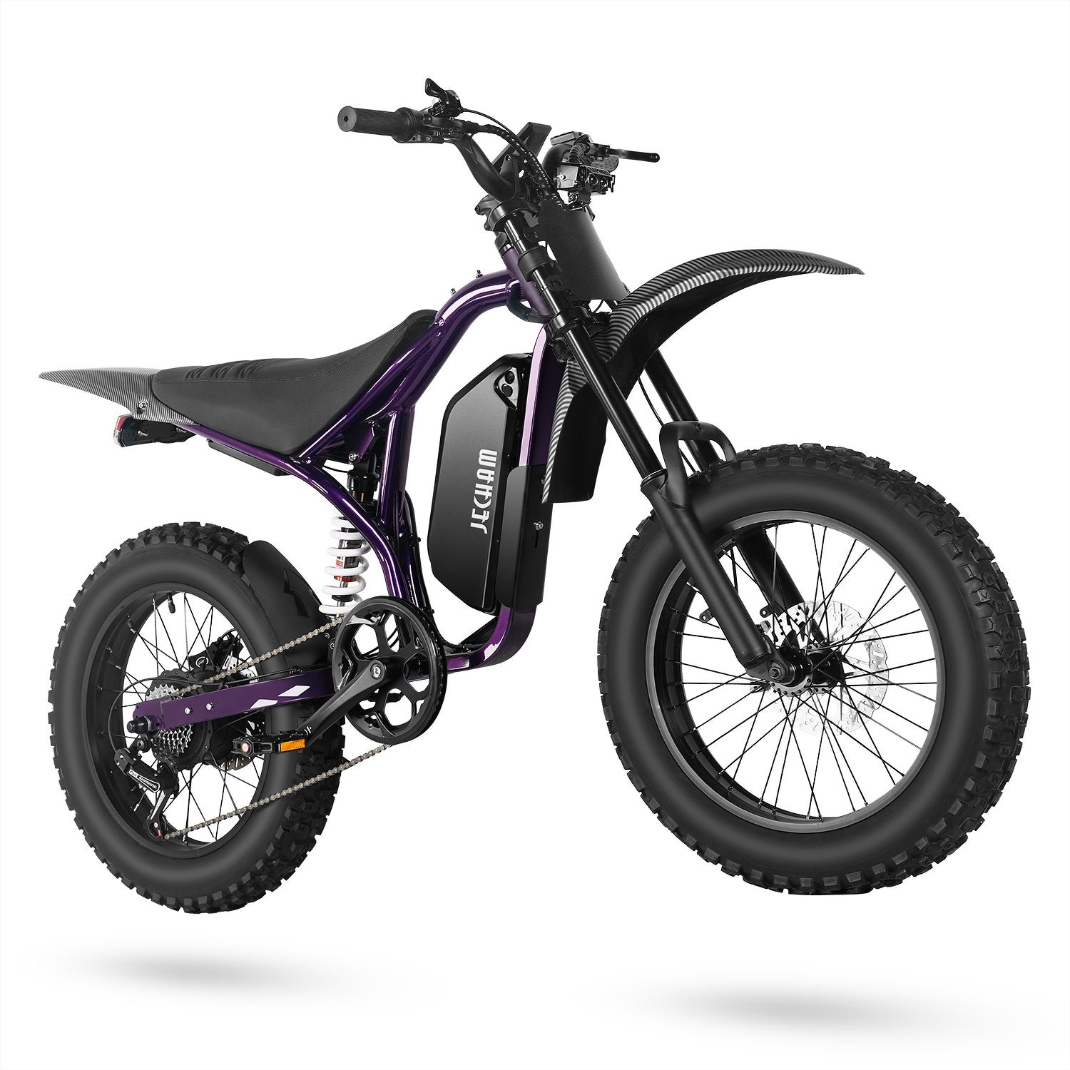 Purple and black electric dirt bike with knobby tires, front suspension side view