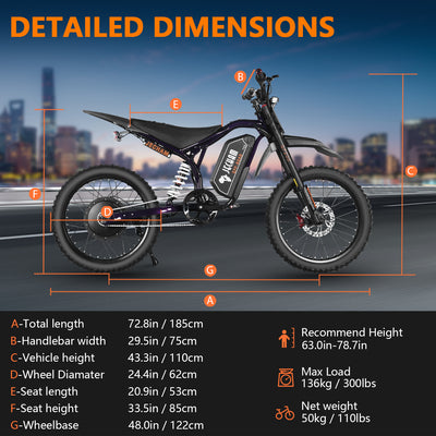 Electric dirt bike side profile with labeled dimension measurements overlay