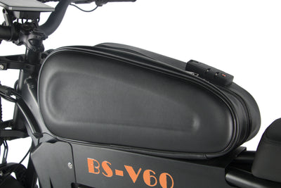 Black motorcycle seat and side panel with orange “BS-V60” marking.