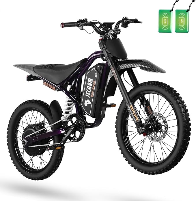 Electric dirt bike, black and purple frame with knobby tires, rear three-quarter view