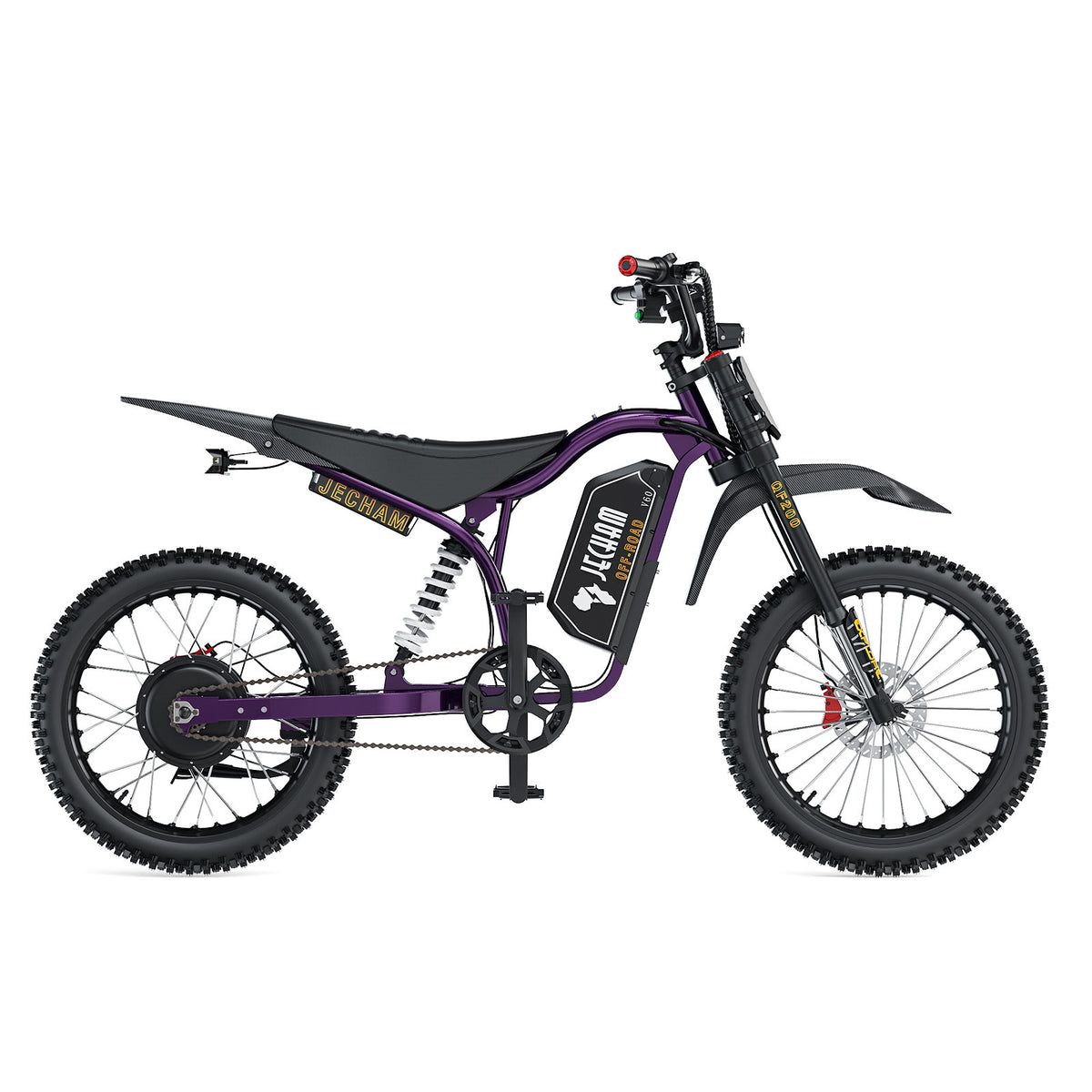 Purple electric dirt bike with black frame, knobby tires, front disc brake